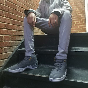 grey and white jordan 12 outfit